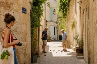 Candid moment of two elderly men playing pétanque in a sunlit old alley of Nîmes, observed by a young woman with market produce, surrounded by golden limestone and Mediterranean light.
