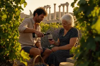 An artisan winemaker shares a quiet tasting with an elderly woman among sunlit vineyards, with Roman ruins visible in the distance, captured in soft golden light from an immersive low angle.