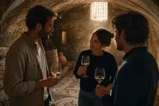 Friends sharing quiet conversation with wine in a sunlit ancient stone cellar, mosaic visible, surrounded by old barrels and Roman-era details.