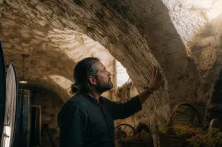 Artisan winemaker admiring arched stone cellar with Romanesque architecture bathed in warm natural light, subtle details of wine barrels and grapes nearby.