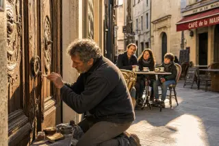 Artisan restoring an old church door in a sunlit Nîmes alley, observed by a family at a nearby café