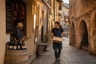Young winemaker carrying wine crate under Roman arch in early morning light as an elderly local drinks coffee near a window in Arbin