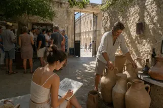 Winemaker arranging amphorae in a sunlit courtyard behind ancient arena, with locals casually enjoying wine and a young artist sketching nearby