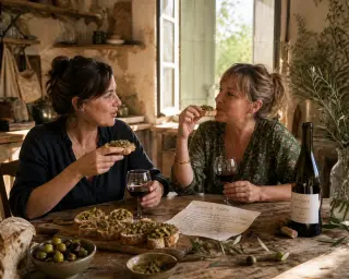 Two friends taste bread with crushed olives and wine in a sunlit, rustic kitchen, with natural Mediterranean ambiance and casual, authentic gestures.