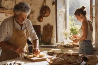 Artisan slicing pélardon cheese in a rustic Gard kitchen, young woman pairing it with reblochon by an open window in warm afternoon sunlight, natural candid scene.