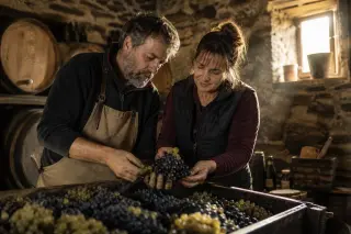 Sommelier recommending Savoyard wine to a couple in a rustic Nîmes bistro with warm Mediterranean light.