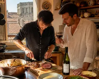 Two friends in a rustic sunlit kitchen, preparing a bull stew and sampling a glass of red wine, with warm Mediterranean light and authentic, natural ambiance.
