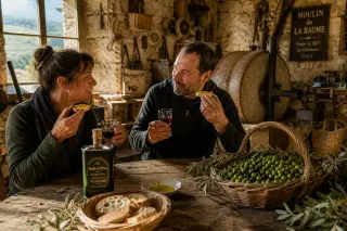 Two artisans share a quiet tasting of olives and wine in a rustic olive oil mill, bathed in soft Mediterranean sunlight.