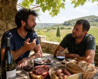 Two artisans sharing a rustic meal of local meats and red wine at a shaded stone terrace with vineyards in the background, captured candidly in golden Mediterranean light.