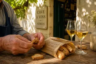 Two hands, one elderly and one young, slicing pélardon goat cheese in a sunlit rustic kitchen with wine glasses, figs, and bread on a stone table.