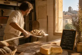 Baker in a sunlit Nîmes bakery, taking a fresh fougasse from the oven with reblochon nearby, warm Mediterranean ambiance.