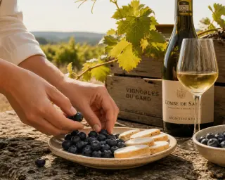 Hands arranging calissons and blueberries on a rustic stone table, sunlit vineyard in the background, with wine bottle and glass nearby.