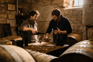 Two winemakers in a rustic wine cellar near Nîmes thoughtfully tasting and discussing different red wine vintages, surrounded by barrels and soft afternoon light.