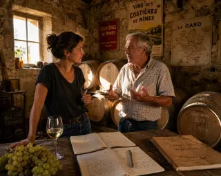 Two winemakers in a sunlit, rustic wine cellar exchanging insights beside barrels and an open tasting notebook