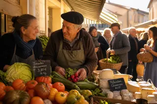 Elderly couple arranging produce at a bustling Provençal market stall with morning sunlight and locals in the background
