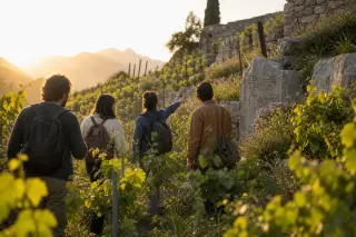 Friends walking among vineyard rows near ancient Roman ruins in golden afternoon light, immersed in authentic alpine scenery.
