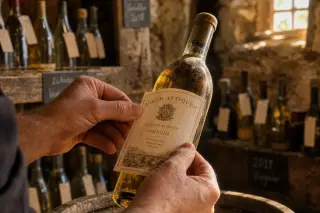 Winemaker's hand affixing a Latin-inscribed wine label in a sunlit stone cellar, bottles and shelves softly in the background.