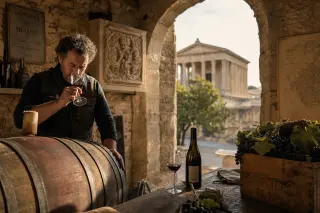 Winemaker sampling wine next to old barrels inside a stone building with the blurred temple of Diane visible through an archway, warm Mediterranean light highlighting historic atmosphere.